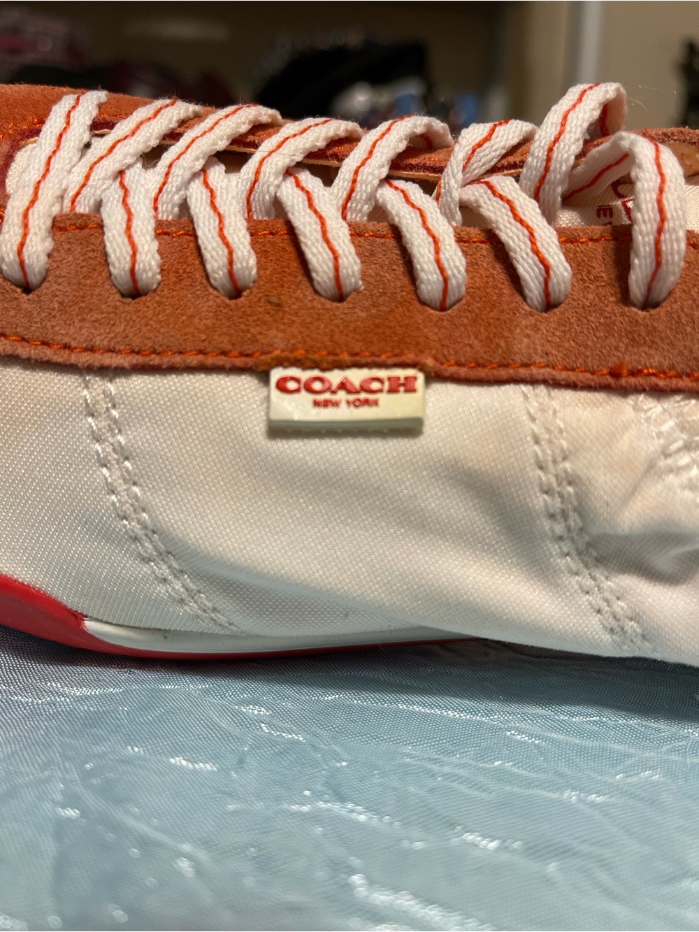 Coach White and Orange Suede Lace-Up Sneaker - Picture 3 of 8